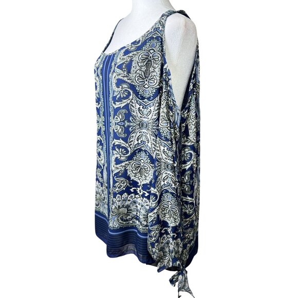 Max Studio Size 3 XL Womens Blouse Print Blue & White Paisley Cold Shoulder Top - Picture 3 of 14
